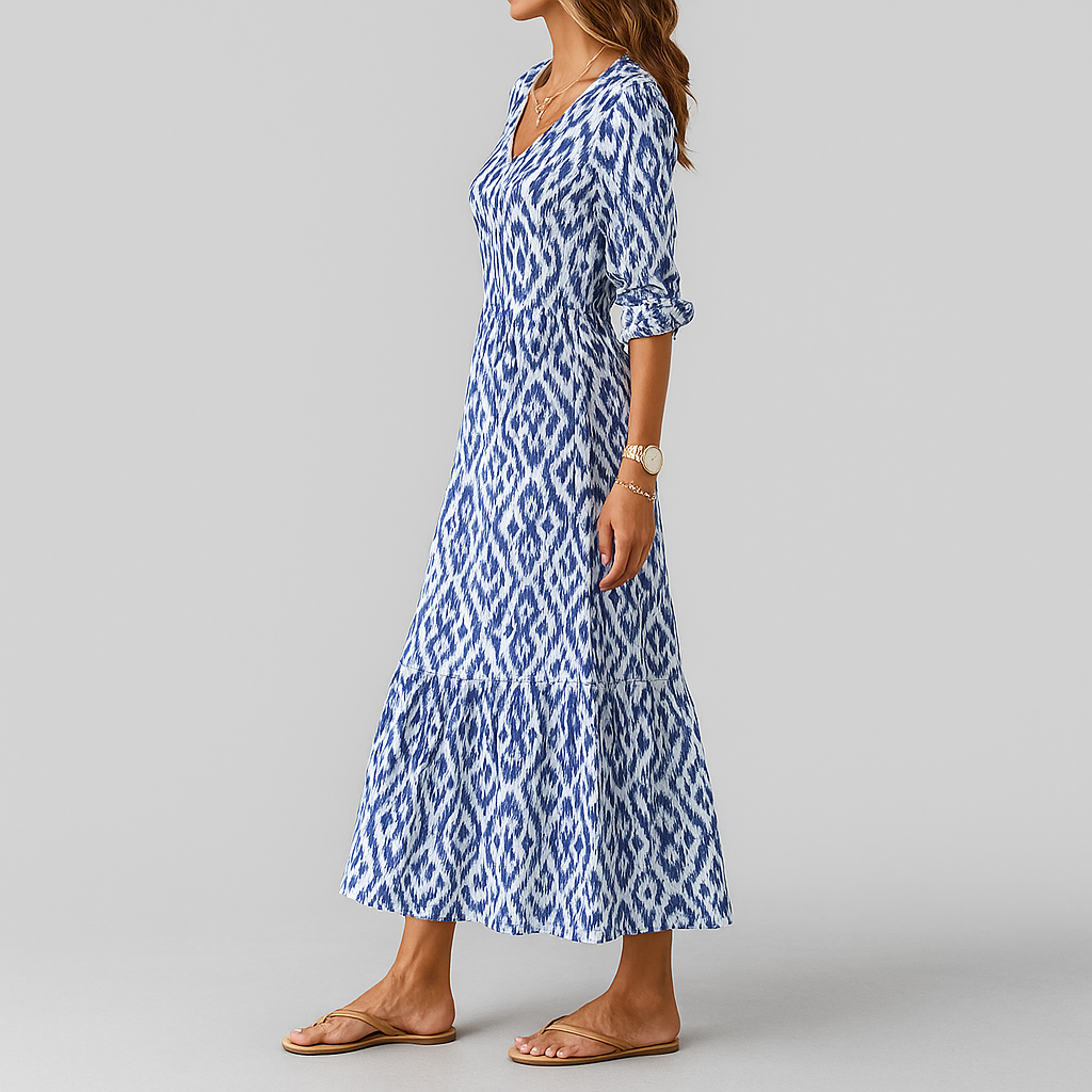 Rosie | Chic Ikat Print Tiered Maxi Boho Dress