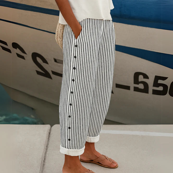 Rosie | Graceful Striped Linen Pants with Button Detail