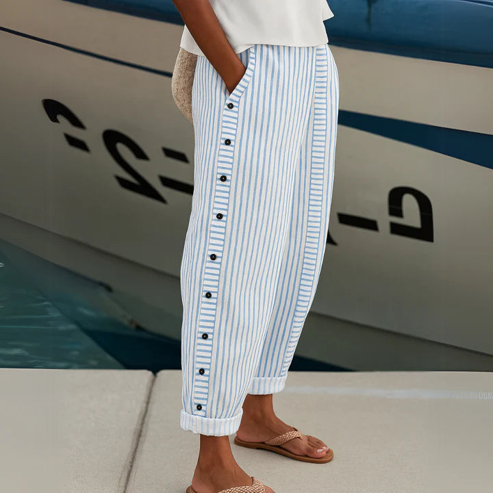 Rosie | Graceful Striped Linen Pants with Button Detail