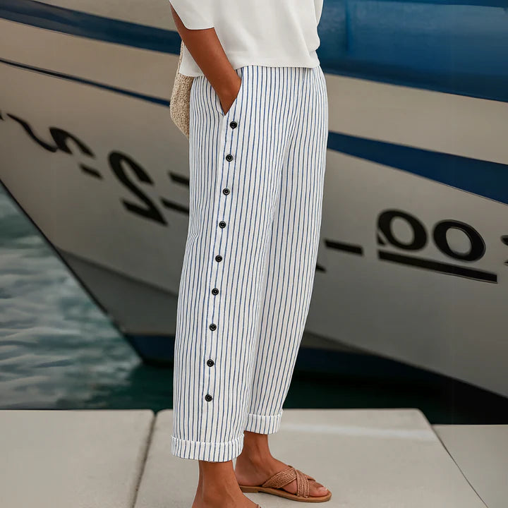 Rosie | Graceful Striped Linen Pants with Button Detail