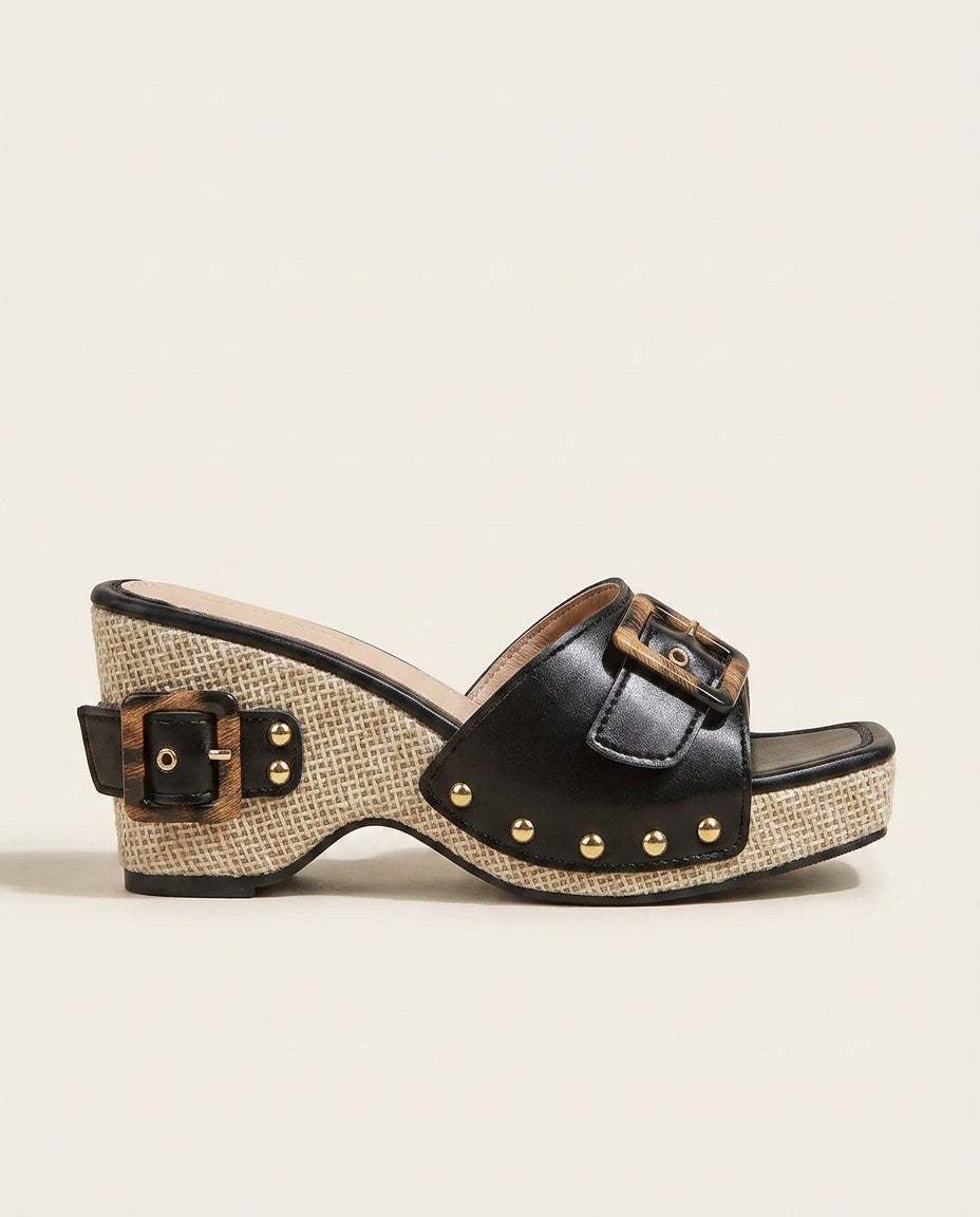 Ruby | Classic Studded Buckle Wedge Sandals