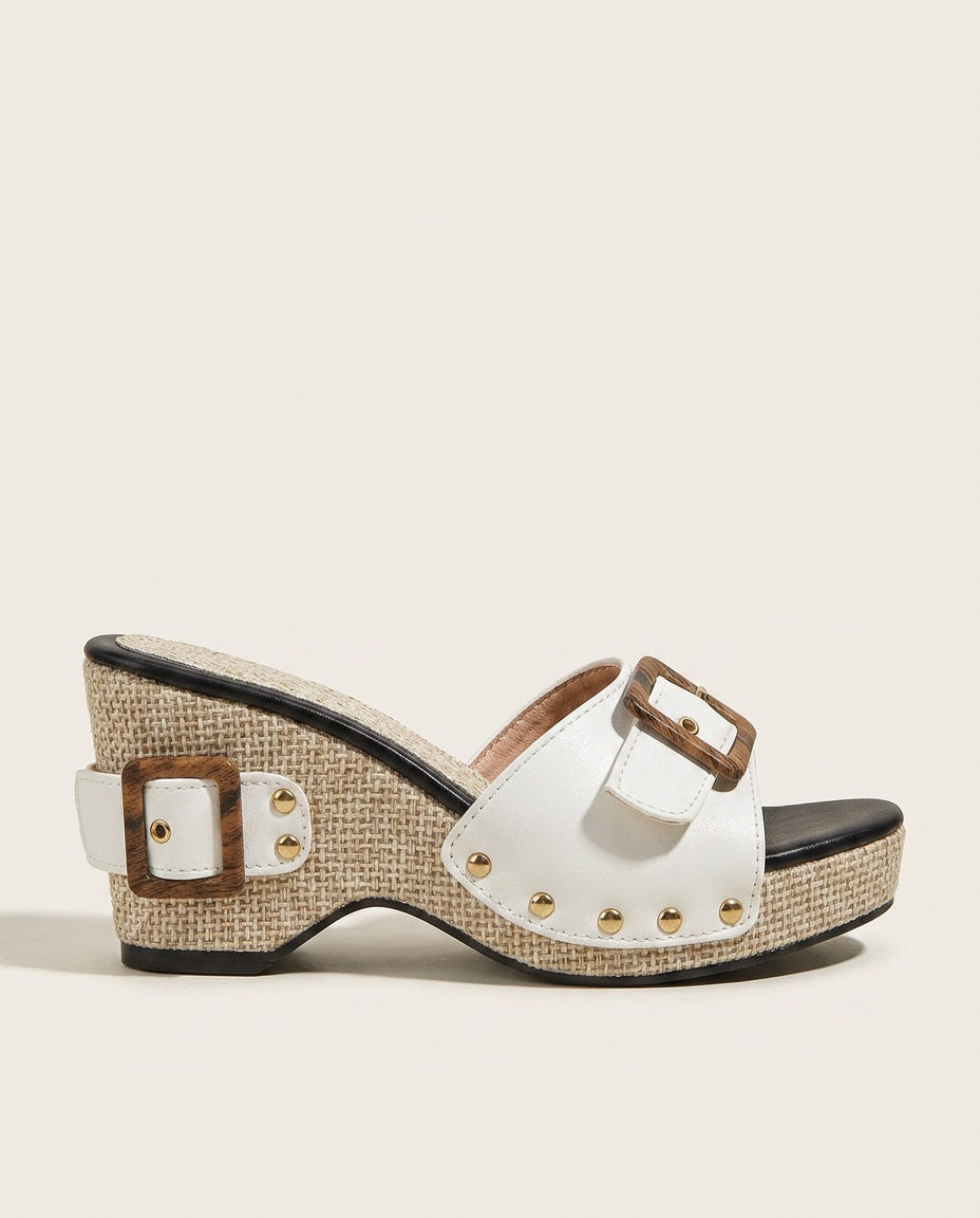 Ruby | Classic Studded Buckle Wedge Sandals