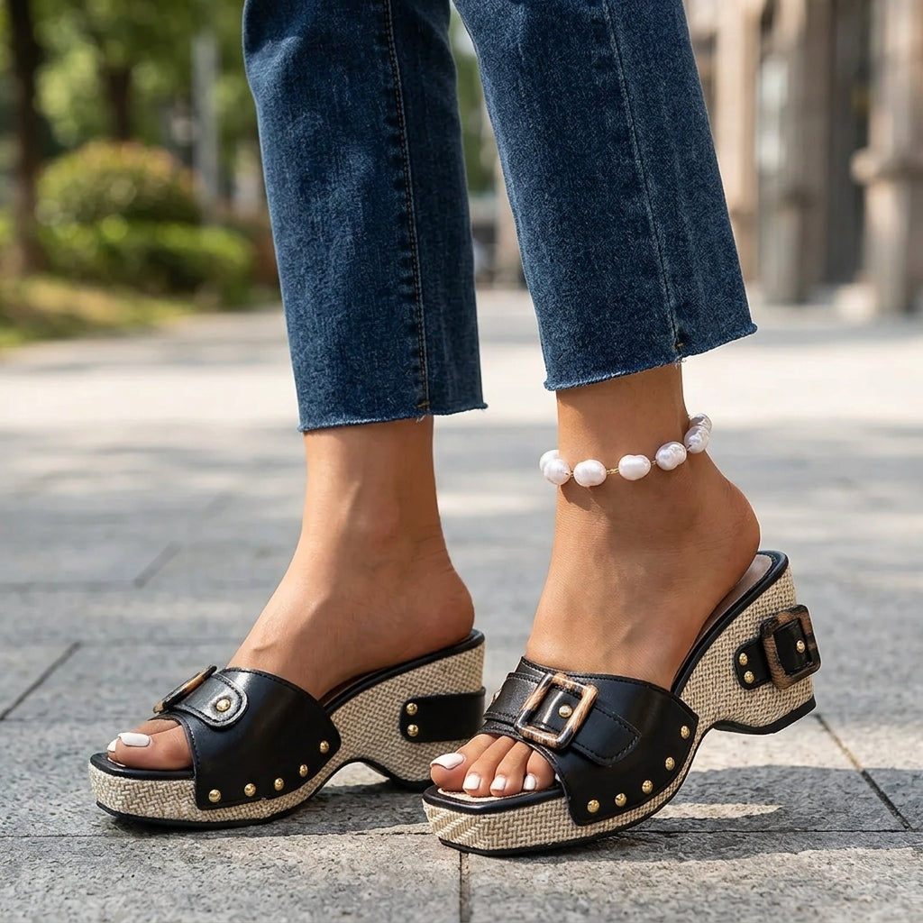 Ruby | Classic Studded Buckle Wedge Sandals