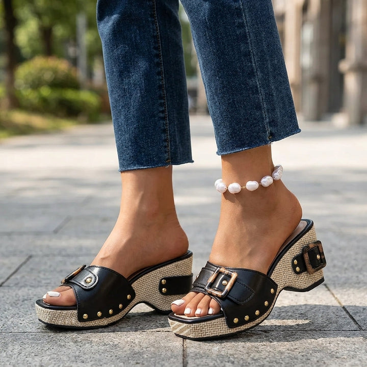 Ruby | Classic Studded Buckle Wedge Sandals