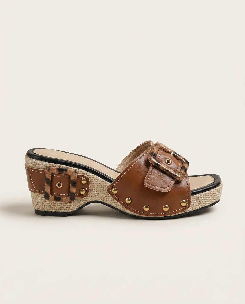 Ruby | Classic Studded Buckle Wedge Sandals