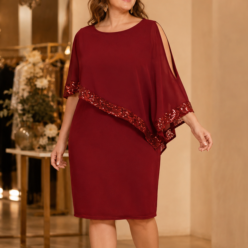 Ruby | Sequin Trim Knee Length Cape Party Dress