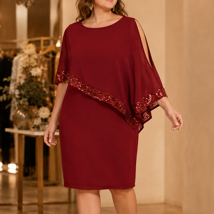 Ruby | Sequin Trim Knee Length Cape Party Dress