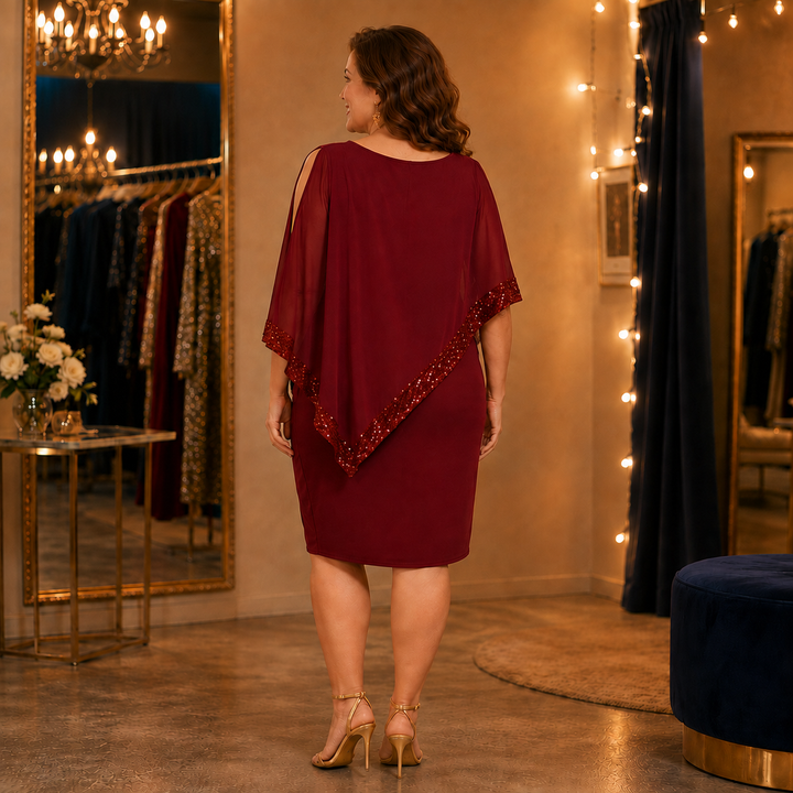 Ruby | Sequin Trim Knee Length Cape Party Dress