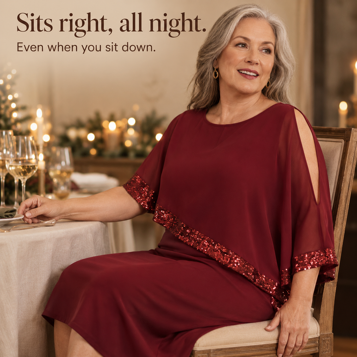 Ruby | Sequin Trim Knee Length Cape Party Dress