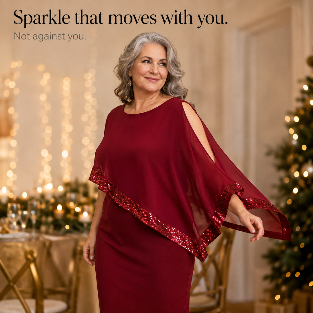Ruby | Sequin Trim Knee Length Cape Party Dress