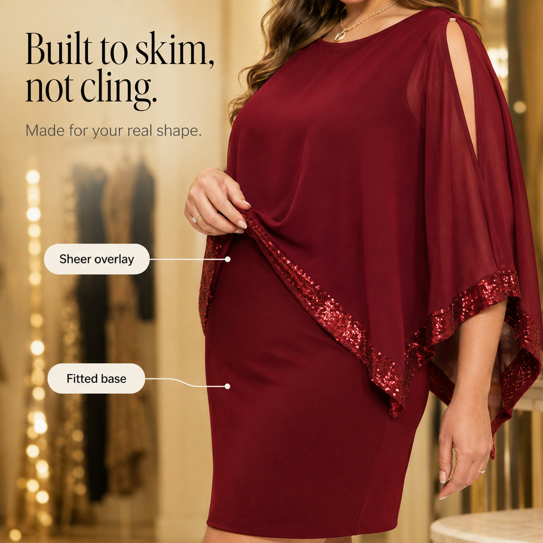 Ruby | Sequin Trim Knee Length Cape Party Dress