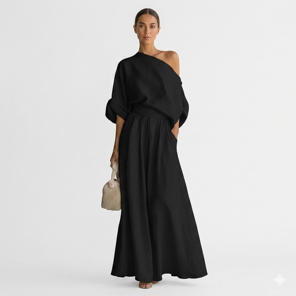 Sadie | Chic One-Shoulder Linen Dress with Flowing Maxi Skirt