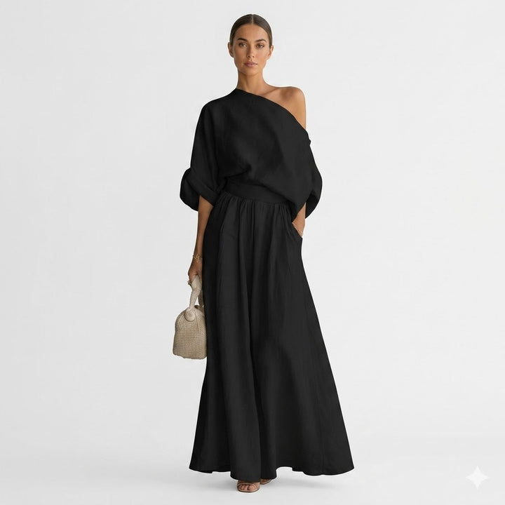 Sadie | Chic One-Shoulder Linen Dress with Flowing Maxi Skirt