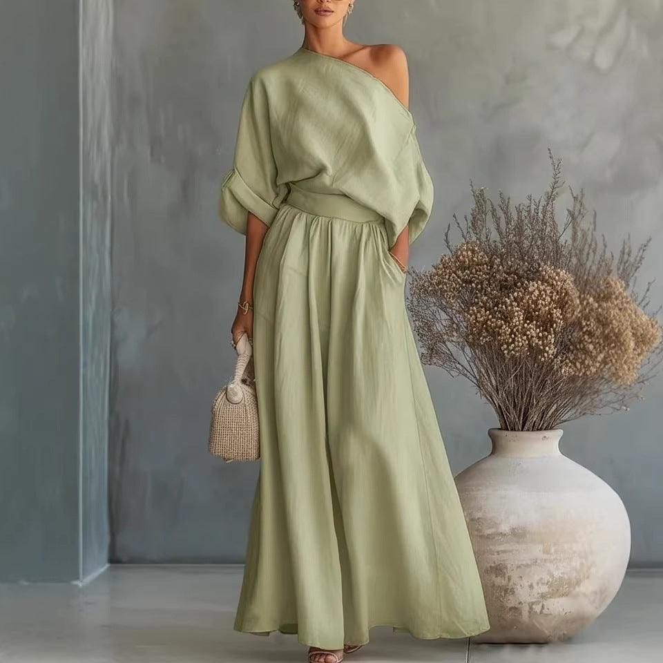 Sadie | Chic One-Shoulder Linen Dress with Flowing Maxi Skirt