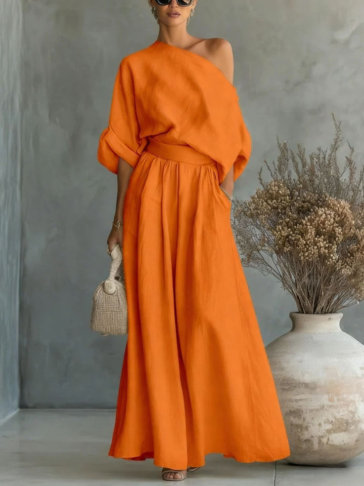 Sadie | Chic One-Shoulder Linen Dress with Flowing Maxi Skirt