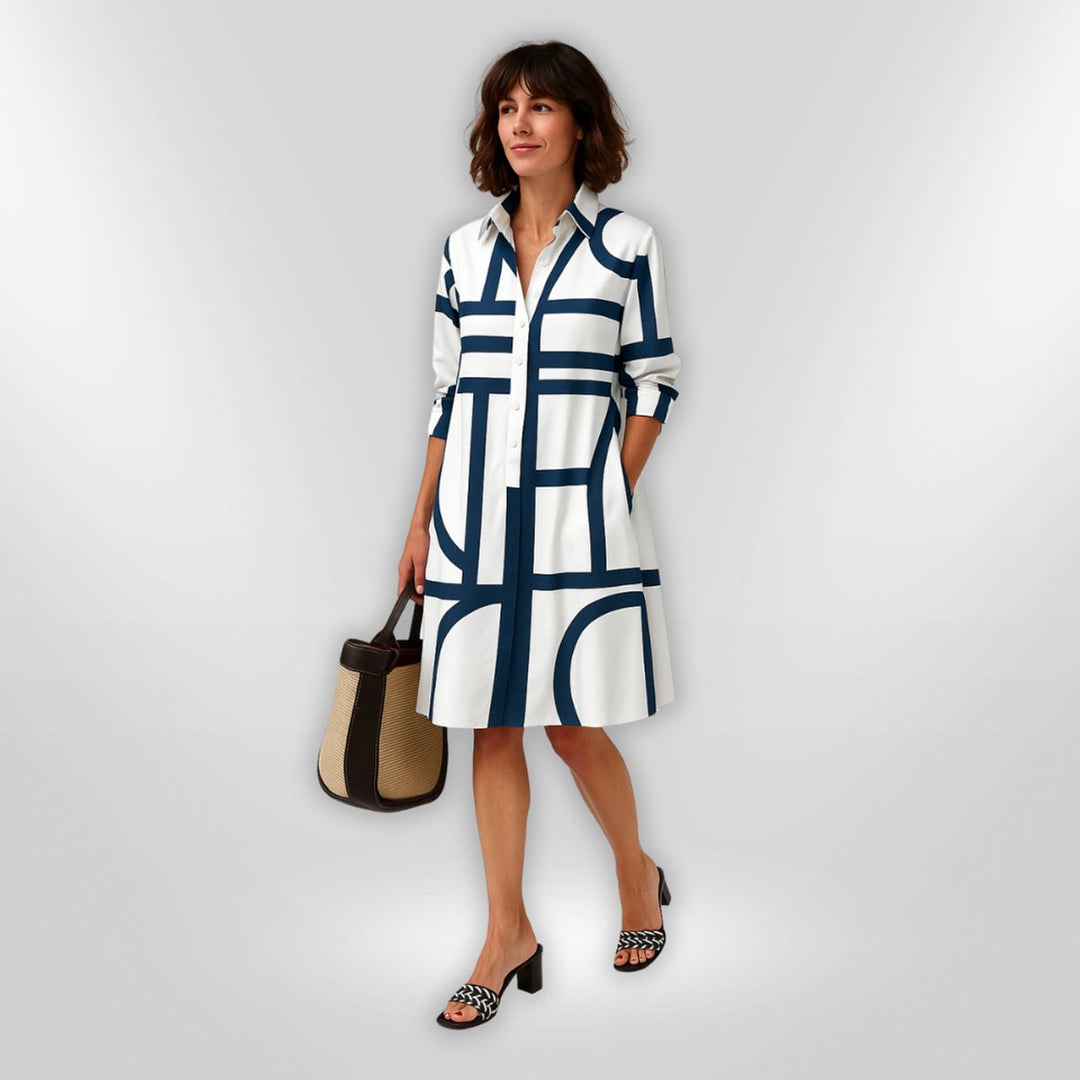 Sadie | Graceful Geometric Print A-Line Shirt Midi Dress