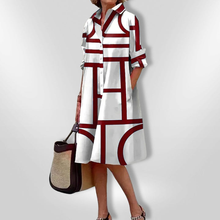 Sadie | Graceful Geometric Print A-Line Shirt Midi Dress