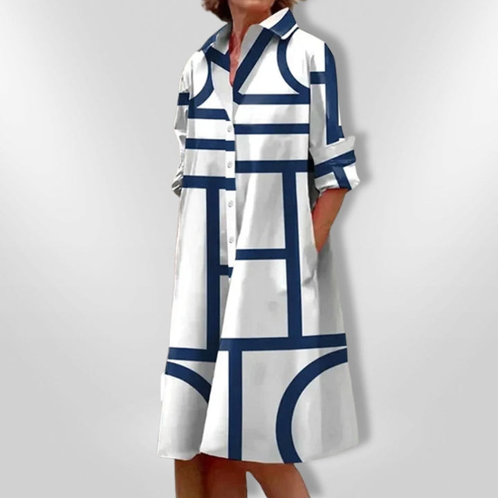 Sadie | Graceful Geometric Print A-Line Shirt Midi Dress