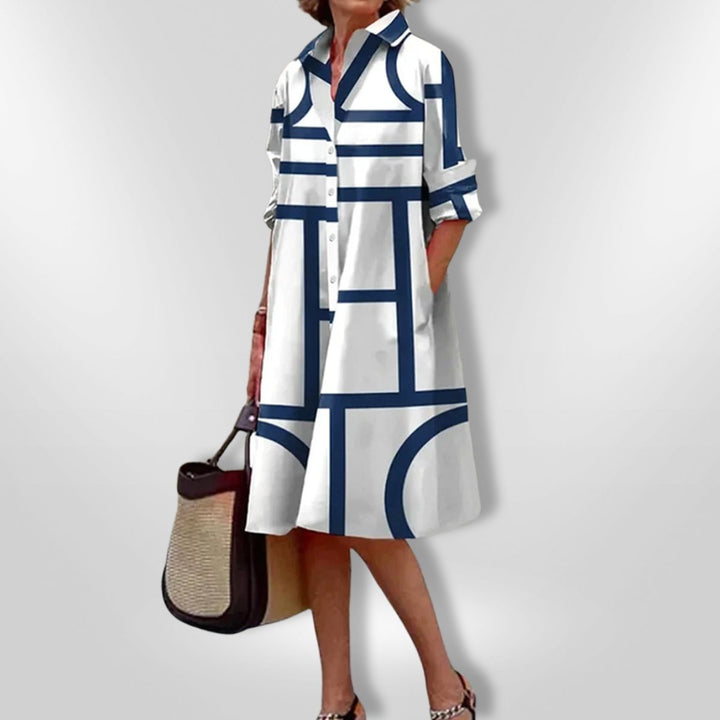 Sadie | Graceful Geometric Print A-Line Shirt Midi Dress