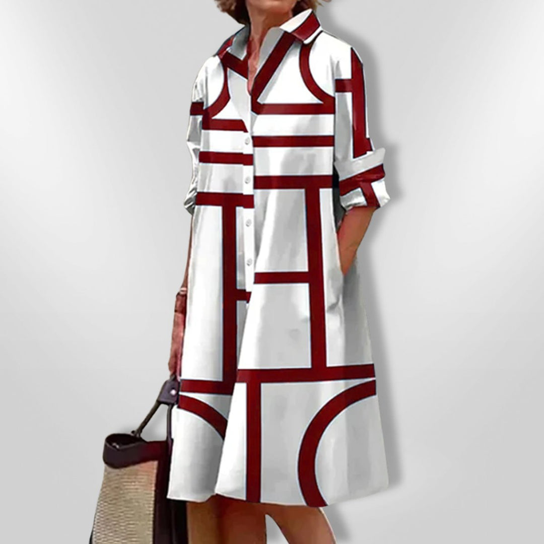 Sadie | Graceful Geometric Print A-Line Shirt Midi Dress
