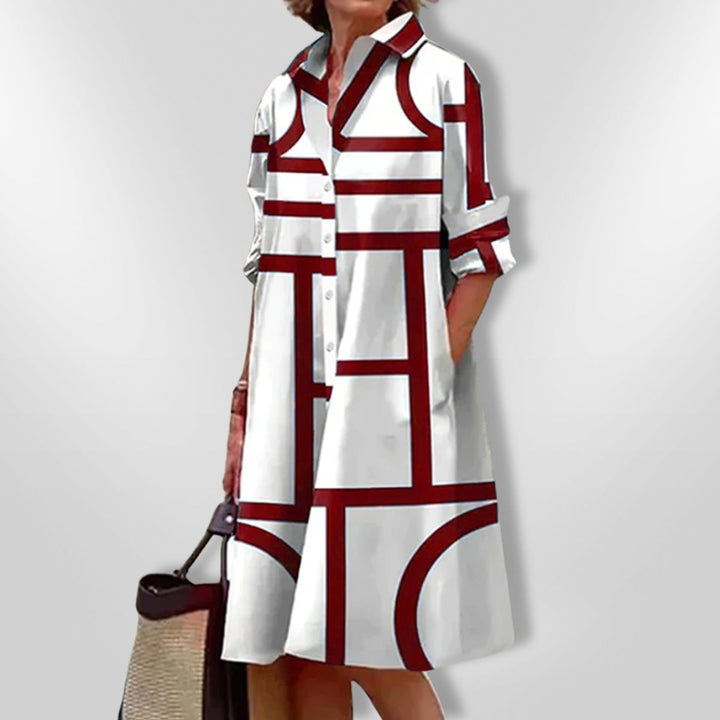 Sadie | Graceful Geometric Print A-Line Shirt Midi Dress