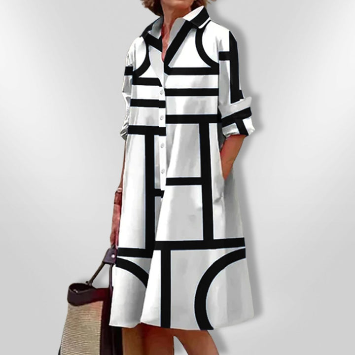 Sadie | Graceful Geometric Print A-Line Shirt Midi Dress
