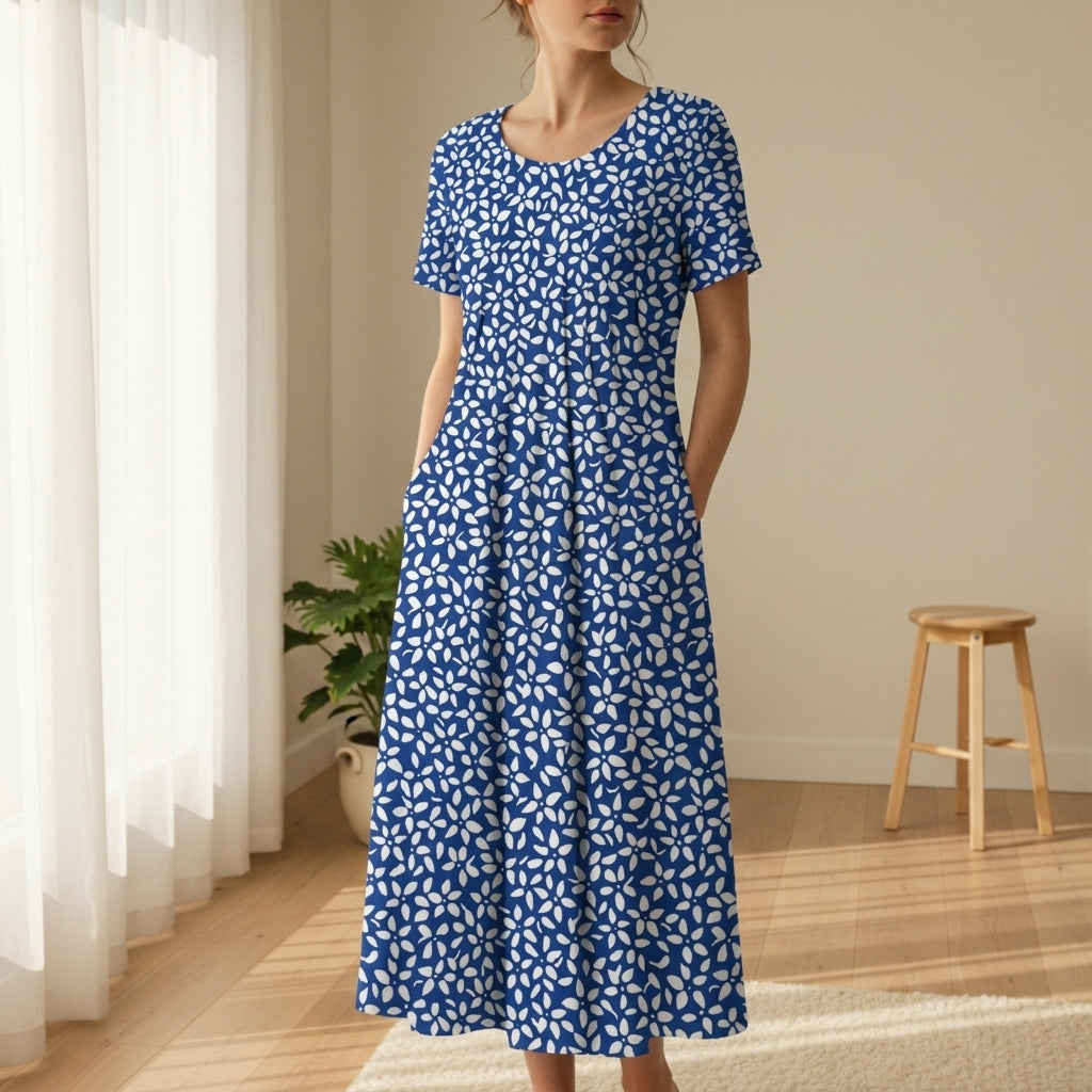 Savannah | Chic Leaf Print Short Sleeve Midi Summer Dresses