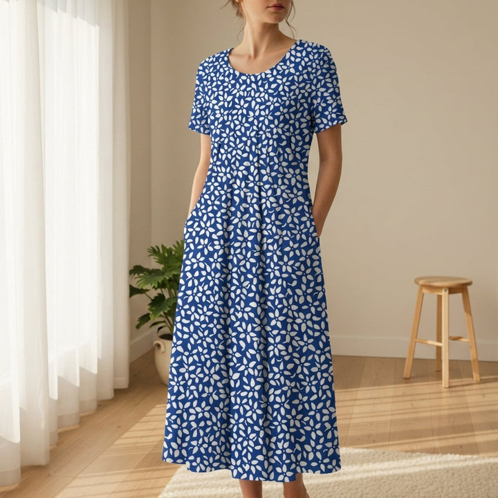 Savannah | Chic Leaf Print Short Sleeve Midi Summer Dresses