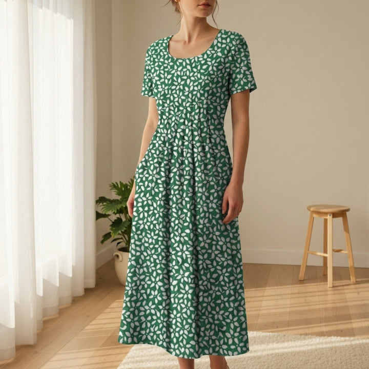 Savannah | Chic Leaf Print Short Sleeve Midi Summer Dresses