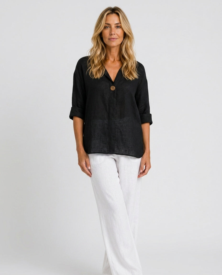 Savannah | Elegant Open Collar Linen Tops with 3/4 Sleeves