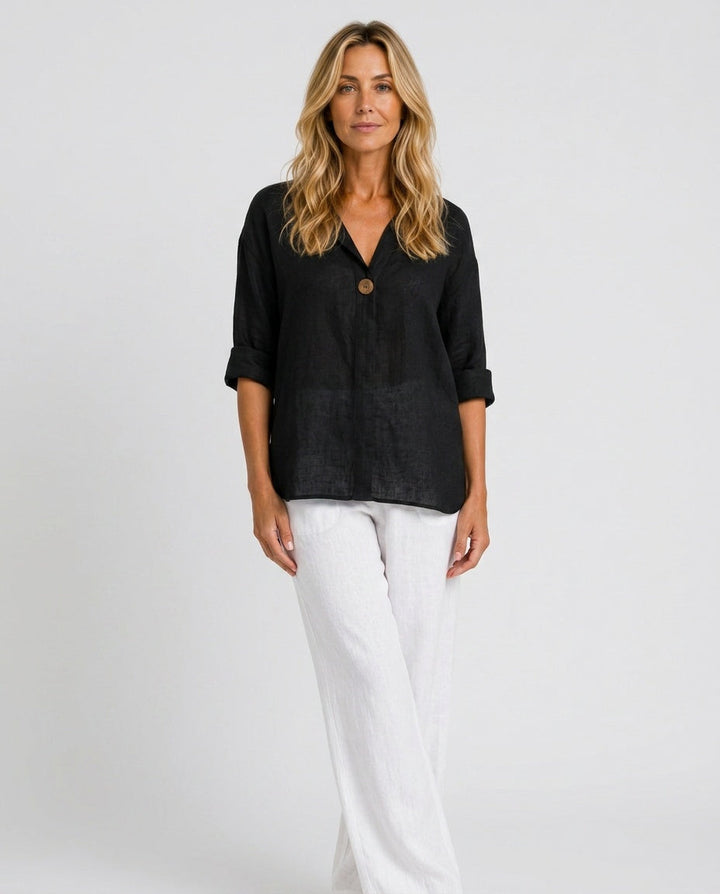 Savannah | Elegant Open Collar Linen Tops with 3/4 Sleeves