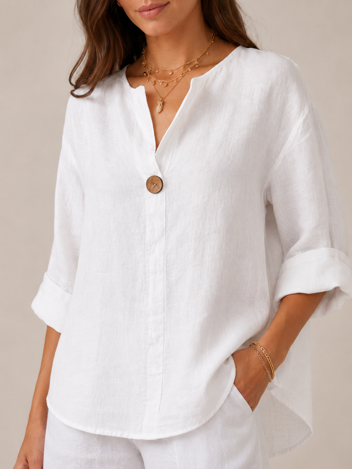 Savannah | Elegant Open Collar Linen Tops with 3/4 Sleeves