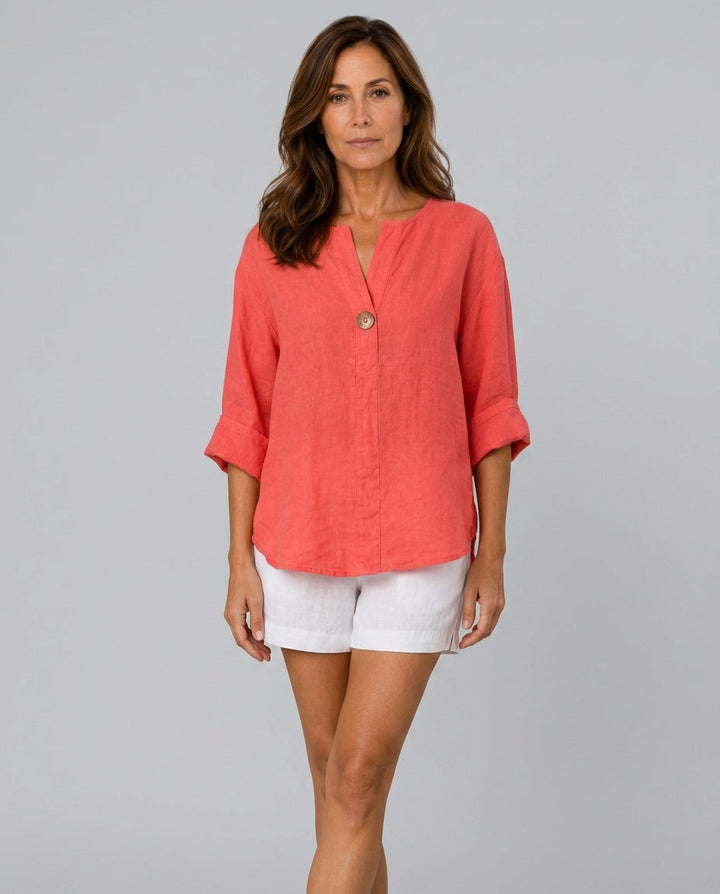 Savannah | Elegant Open Collar Linen Tops with 3/4 Sleeves