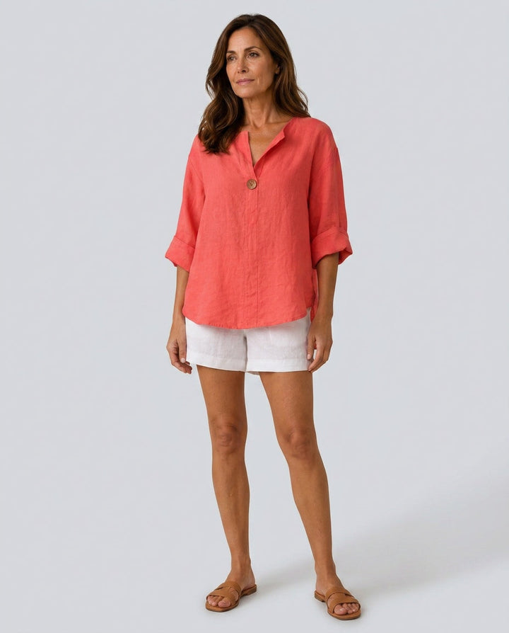 Savannah | Elegant Open Collar Linen Tops with 3/4 Sleeves