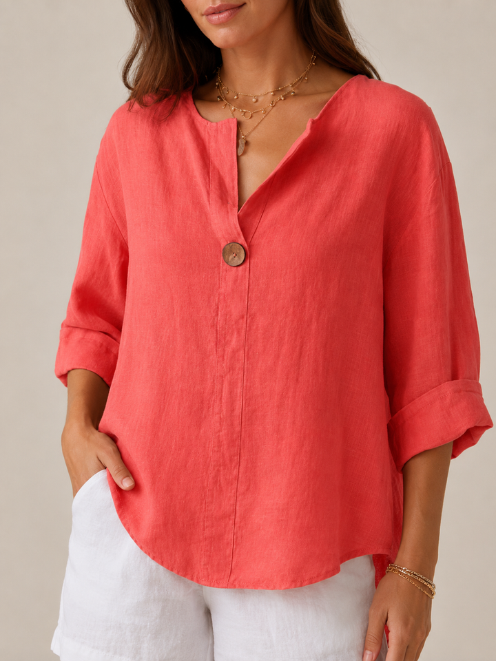 Savannah | Elegant Open Collar Linen Tops with 3/4 Sleeves
