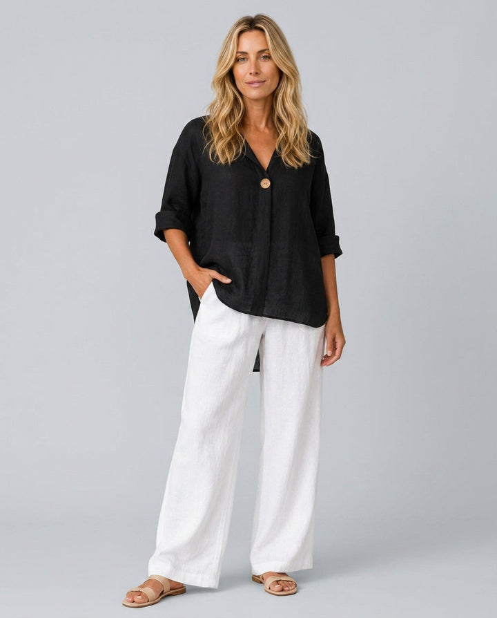 Savannah | Elegant Open Collar Linen Tops with 3/4 Sleeves