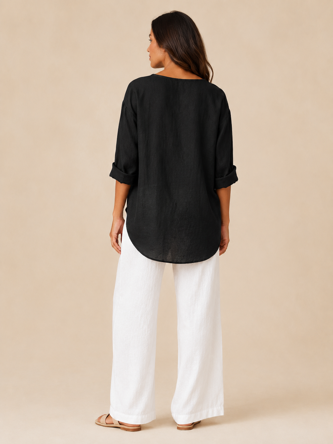 Savannah | Elegant Open Collar Linen Tops with 3/4 Sleeves
