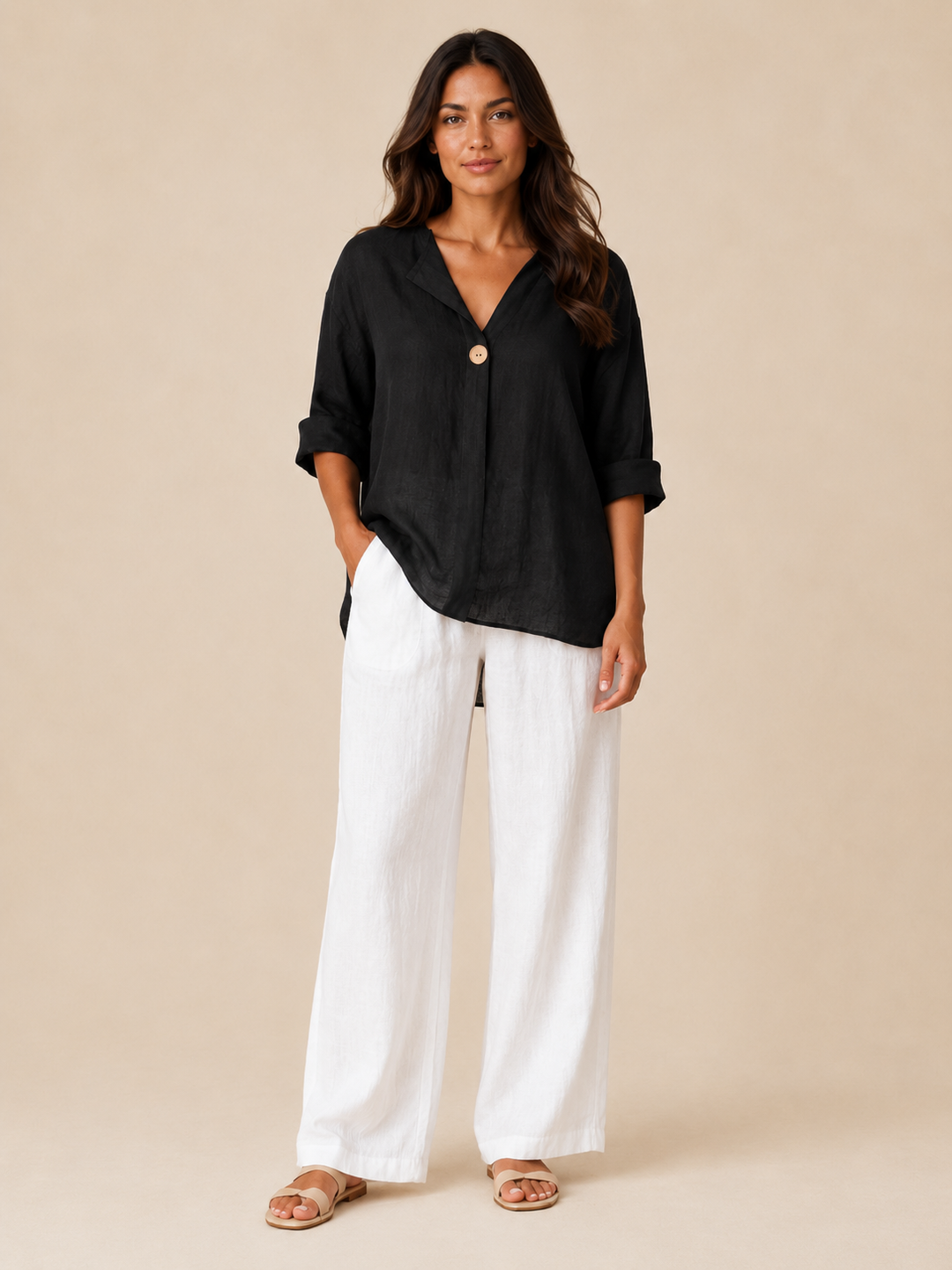 Savannah | Elegant Open Collar Linen Tops with 3/4 Sleeves