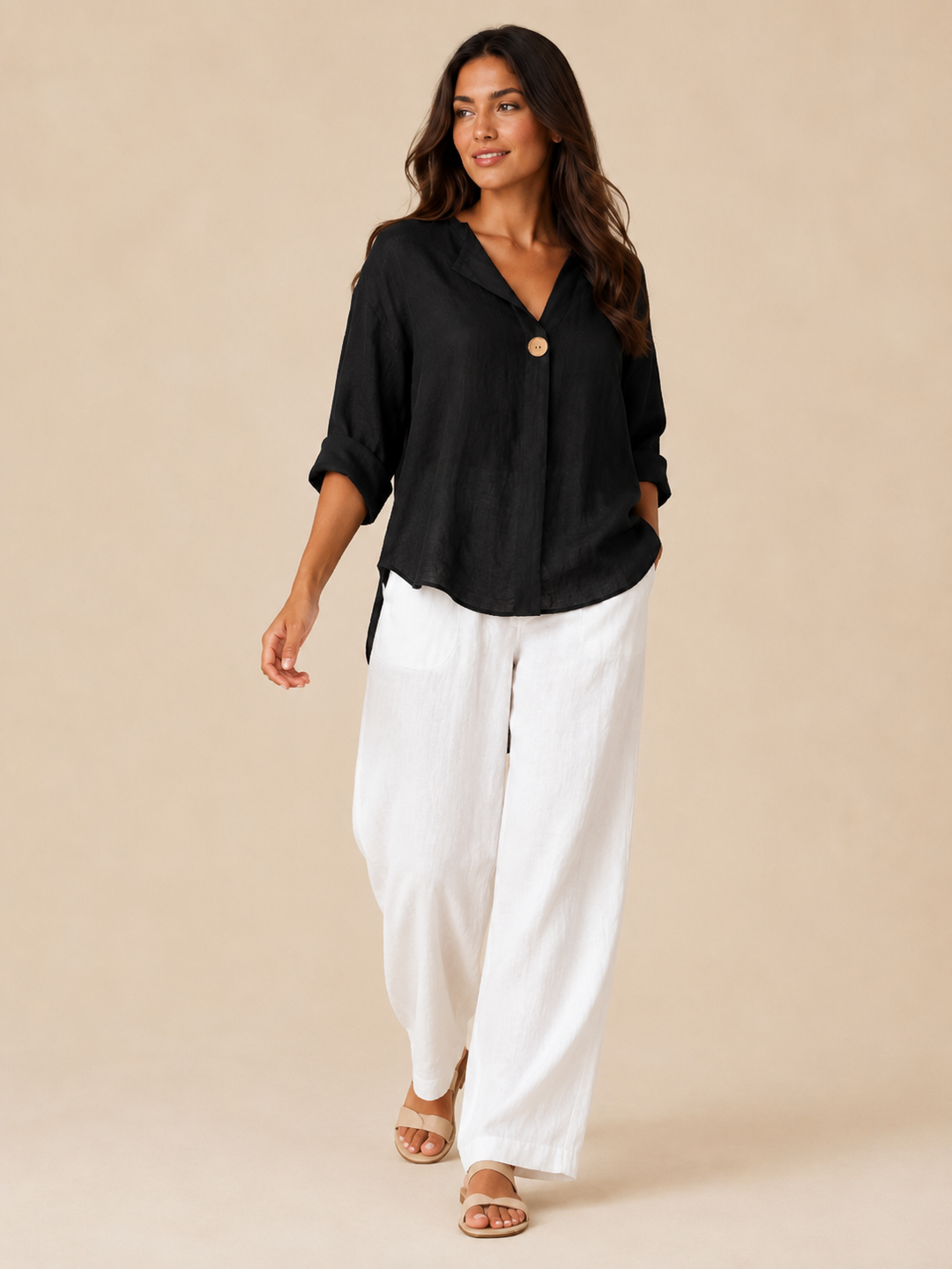 Savannah | Elegant Open Collar Linen Tops with 3/4 Sleeves