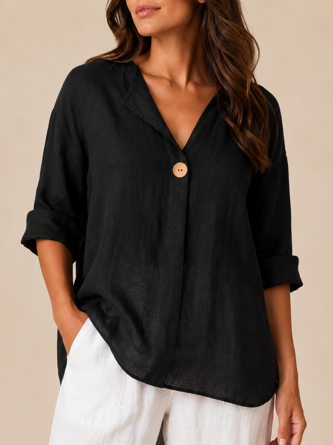 Savannah | Elegant Open Collar Linen Tops with 3/4 Sleeves