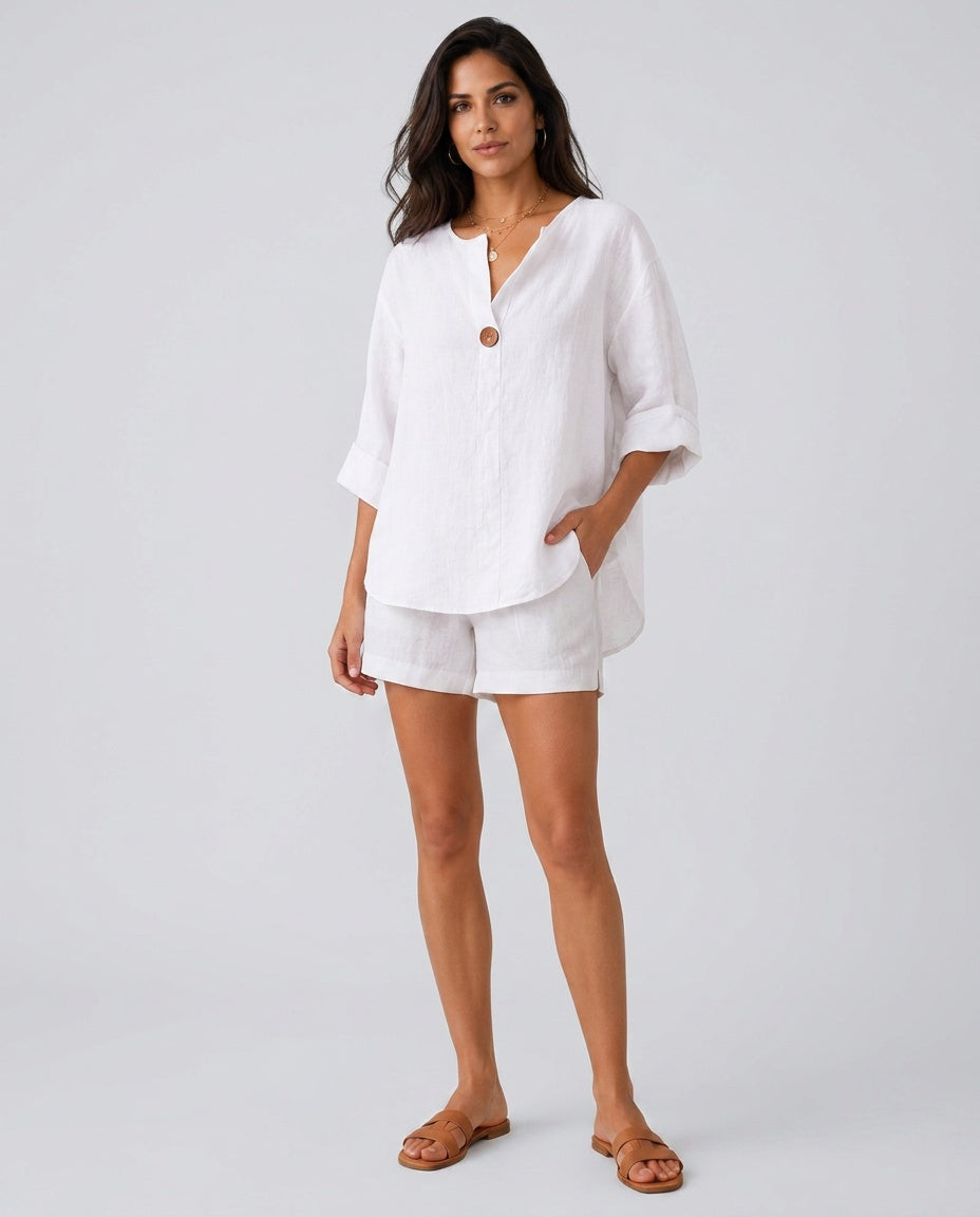 Savannah | Elegant Open Collar Linen Tops with 3/4 Sleeves