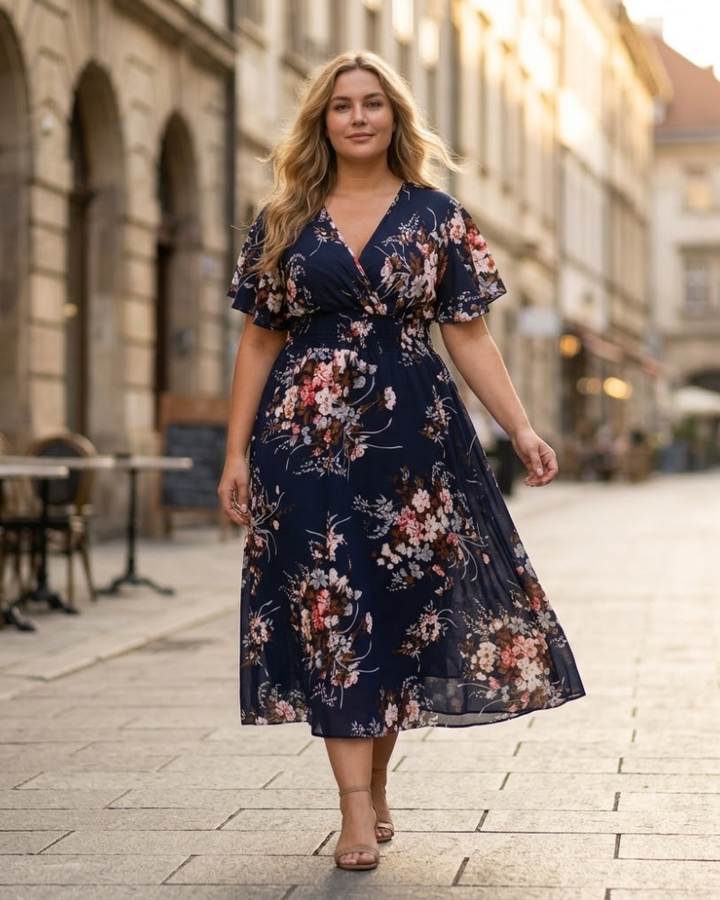 Savannah | Refined Floral V-Neck A-Line Midi Dress