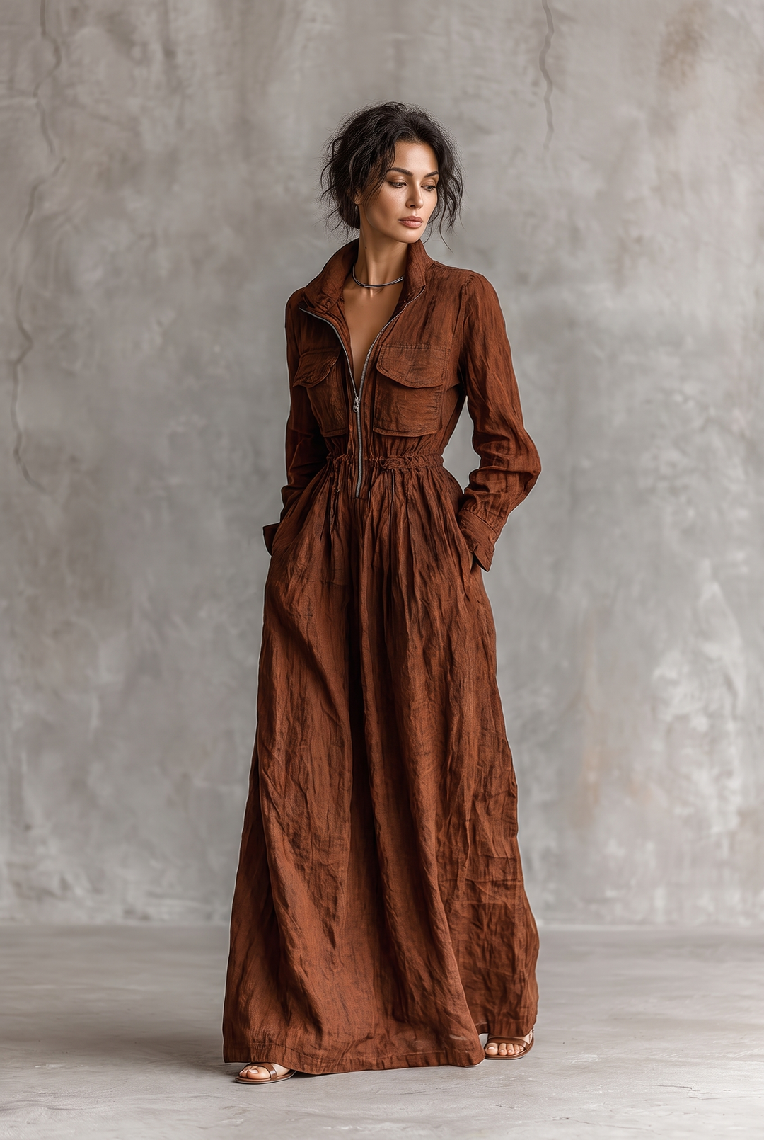Savannah | Relaxed Zip Front Long Sleeve Maxi Linen Dress