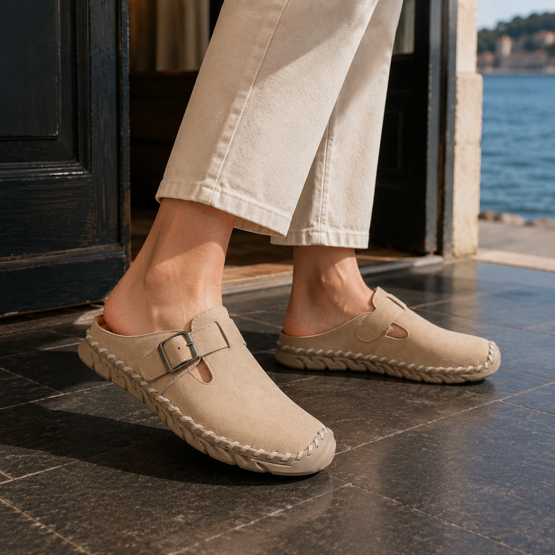 Scarlett | Elegant Buckle Strap Clogs Mules with Stitched Sole