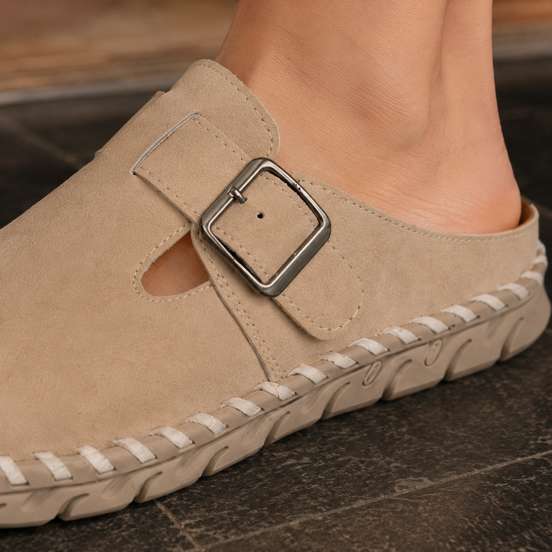 Scarlett | Elegant Buckle Strap Clogs Mules with Stitched Sole