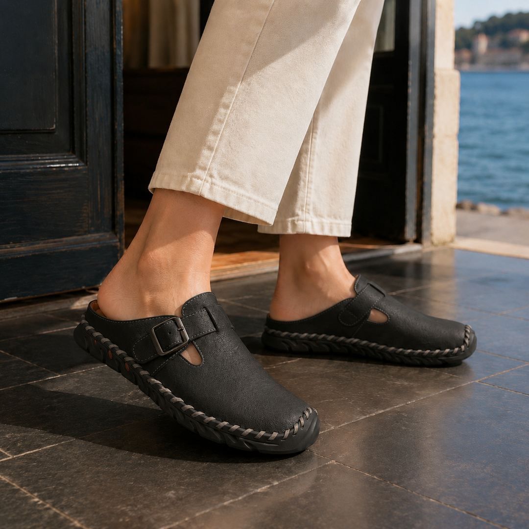 Scarlett | Elegant Buckle Strap Clogs Mules with Stitched Sole