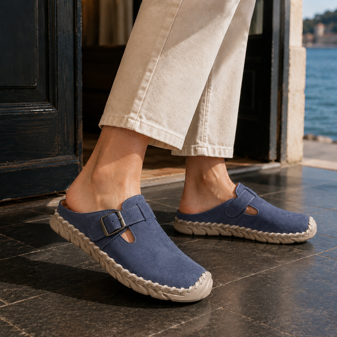 Scarlett | Elegant Buckle Strap Clogs Mules with Stitched Sole