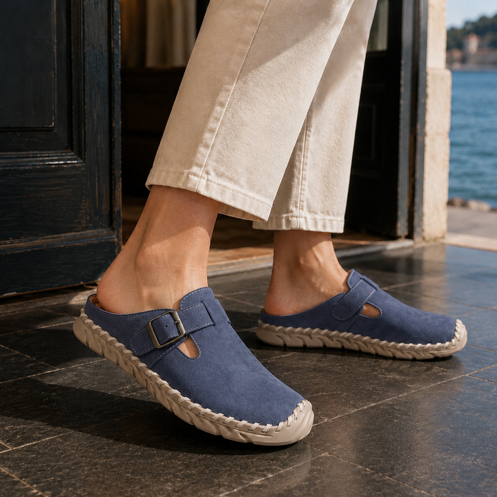 Scarlett | Elegant Buckle Strap Clogs Mules with Stitched Sole