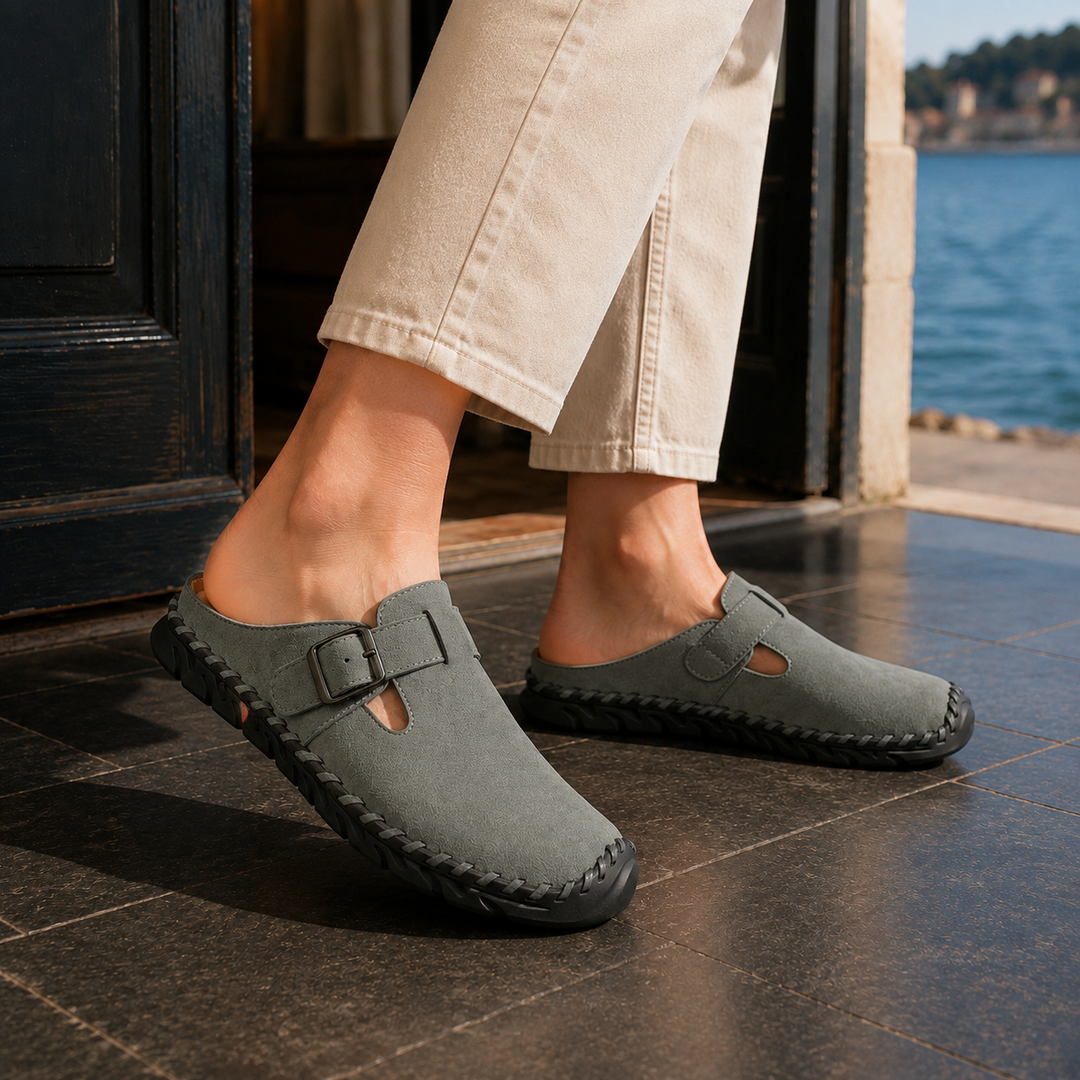Scarlett | Elegant Buckle Strap Clogs Mules with Stitched Sole