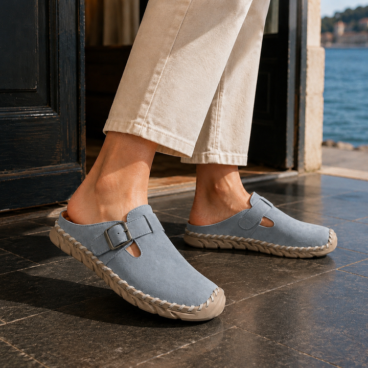 Scarlett | Elegant Buckle Strap Clogs Mules with Stitched Sole